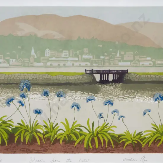 Gillian Pope - framed screenprint 2/25 "Dunedin from the Inlet" H-320 W-420