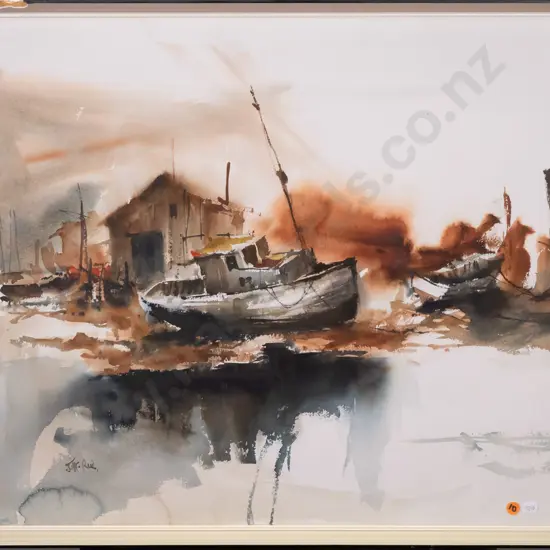 JK Reid - framed watercolour "Low Tide Heathcote River" H-550 W-640 (frame needs attention)