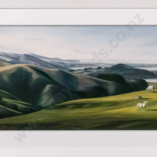 Maria Kemp - framed oil on board "From High Road, Back Bay, Otago Peninsula" H-220 W-1070