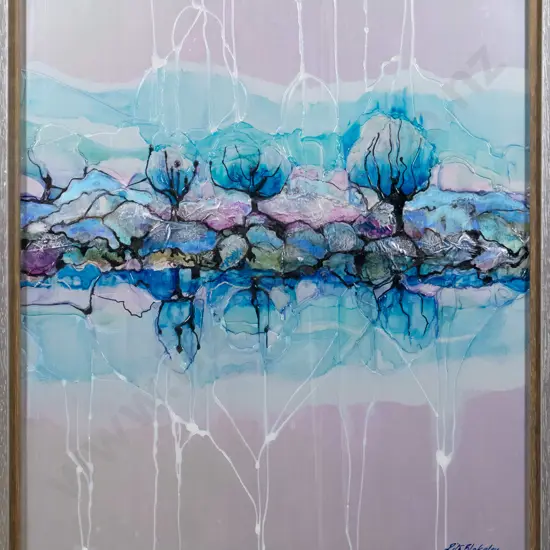 Rita Blakeley - framed mixed media on aluminium "Winter Shoreline" H-270 W-410
