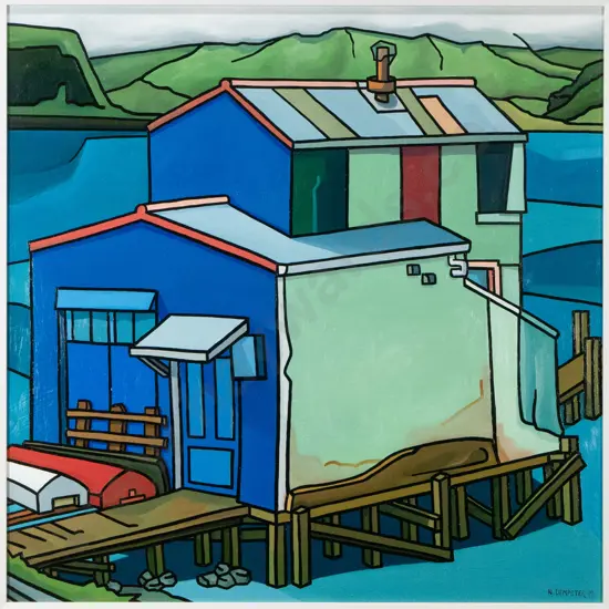 Nic Dempster 2013 - framed oil "Pilots Beach, Boat Shed"  H-590 W-590