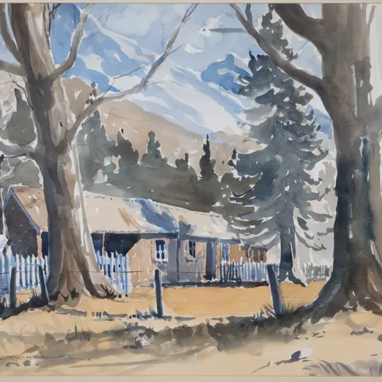 WF Moore - framed watercolour "Farm Building Wanaka" H-350 W-490