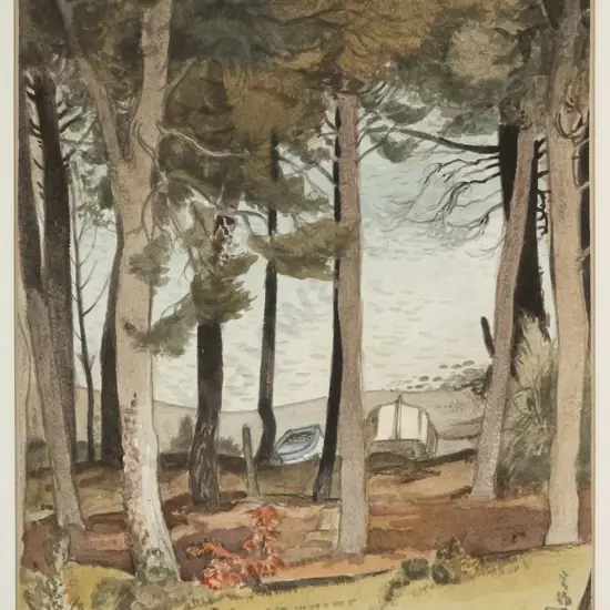 HV Miller '74 - unframed watercolour and ink - boats through the trees H-350 W-240
