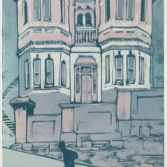 Manu Berry -  unframed woodcut 3/5 "Smith St" H-560 W-180