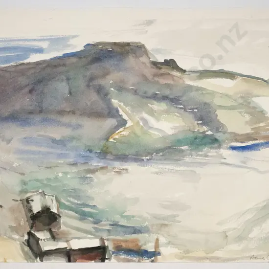 Anna Caselberg - unframed  watercolour "The Boat Sheds and Mihiwaka, Broad Bay" H-400 W-570