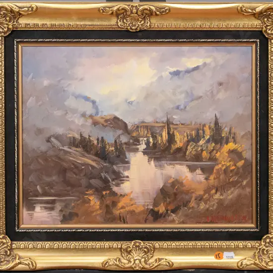 Jan Rasmussen 1985 - framed oil "Late Afternoon Fog, Cromwell Gorge" H-260 W-340