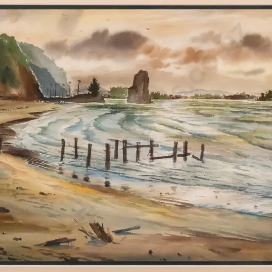 John K Reed '84 - framed watercolour - coastal scene H-330 W-550