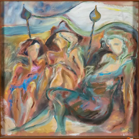 Judith Ewing 1989 - framed acrylic "Listening To Jazz" H-600 W-600