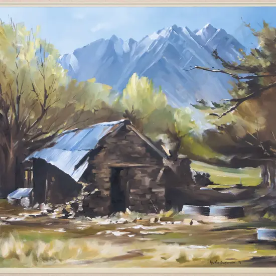 Maurice Buckland '76 - framed oil "Crumbling Cottage - Lakes District Otago" H-490 W-580