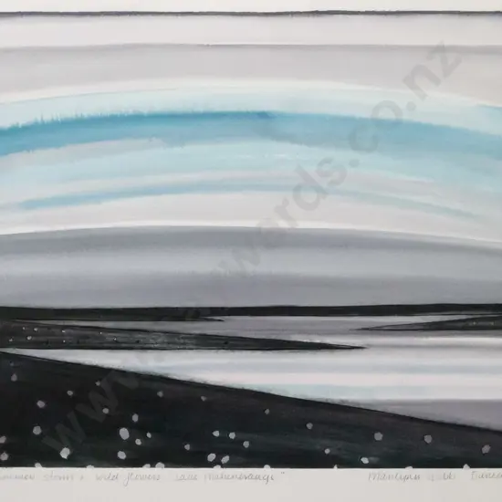 Marilynn Webb 1986 - framed watercolour "Summer storm & wild flowers, Lake Mahinerangi" H-430 W-540