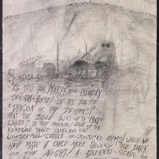 Ivan Hill - unframed pencil on paper "Maungatua Experience" H-330 W-260