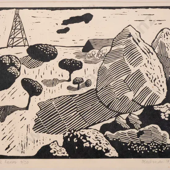 Gary Blackman 1972 - framed woodblock print 3/20 "Hill Farm" H-270 W300 (frame needs attention)