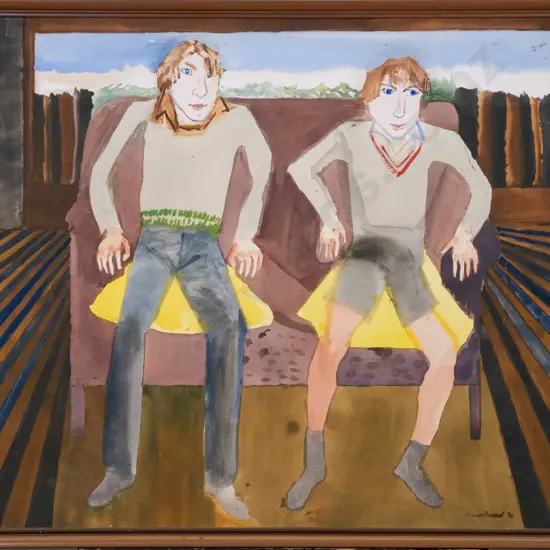 Annie Baird '76 - framed watercolour on board "Two Boys" H-560 W-760 (marks)