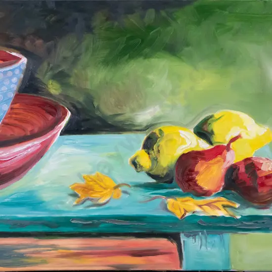 Belinda Innes - framed acrylic - still life H-500 W-760