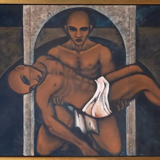 Nanette Lela'ulu - framed oil triptych - man being carried H-1110 W-1700