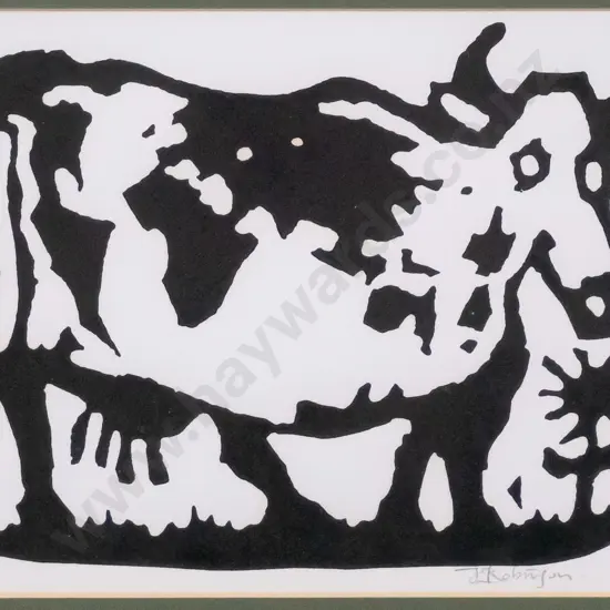 John Robinson 1982 - framed linocut - cow H-140 W-180