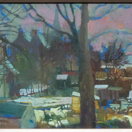 Birnie '72 - framed watercolour - village scene H-170 W-300