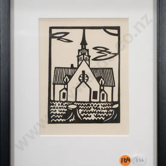 John Robinson - framed linocut - church H-150 W-110