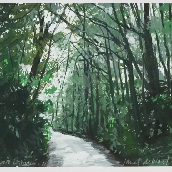 Janet de Wagt 2013 - framed watercolor "Tuatapere Domain"  H-145 W-190