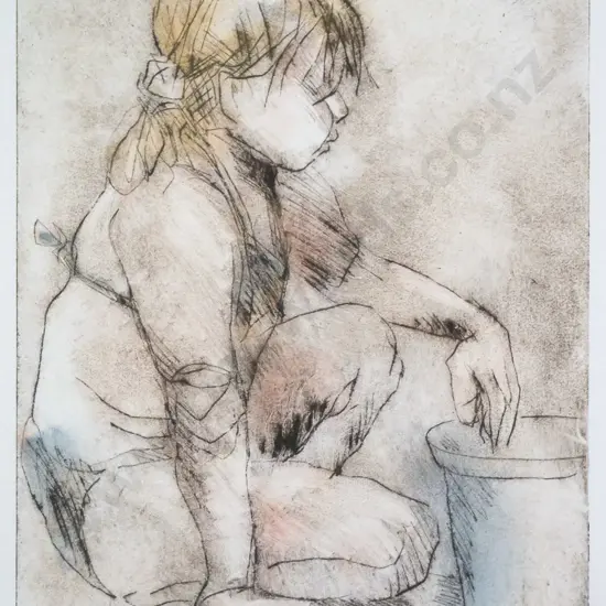 JM Loughnan - framed drypoint hand coloured etching 1/10 "At The Beach" H-210 W-140