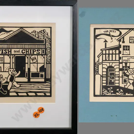 John Robinson -  framed linocut, unframed linocut - Fish and Chips, Kaitangata post Office Each H-150 W-130
