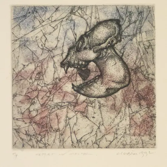 Barry Cleavin 1992 - unframed etching 5/9 "Heart In Mouth" H-95 W-95