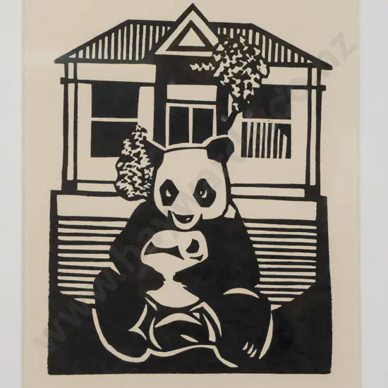 John Robinson - framed linocut - panda H-180 W-140