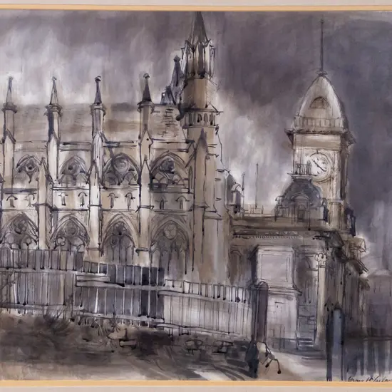 Shona McFarlane - framed watercolour - St Pauls Cathedral Dunedin" H-490 W-600 (framed needs attention)