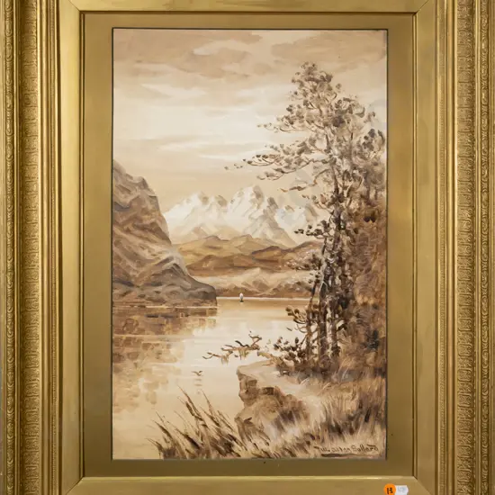 Allen W Bollard - framed oil -  lake and mountain scene H-490 W-320