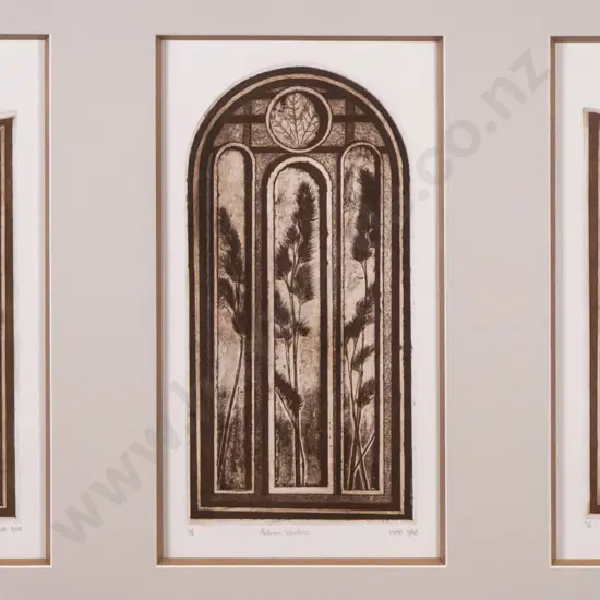Vicky Patton Burrow - framed etching triptych "Autumn Windows" H-300 W-500
