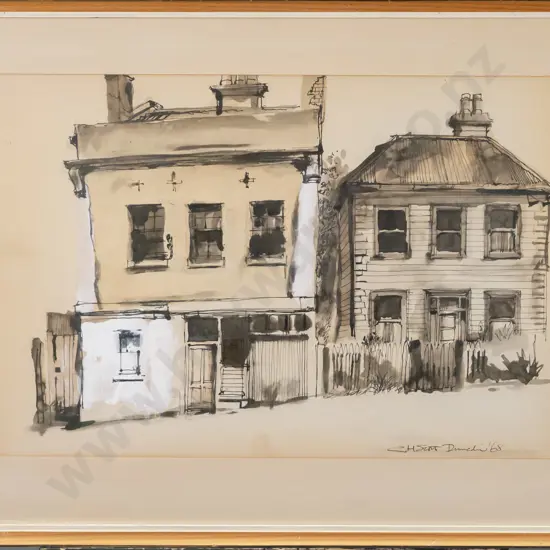 CH Scott '68 - framed watercolour - houses H-360 W-540