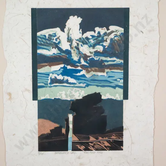 Tom Field 1986 - framed woodcut print 5/10 "Barewood Sky" H-270 W-180