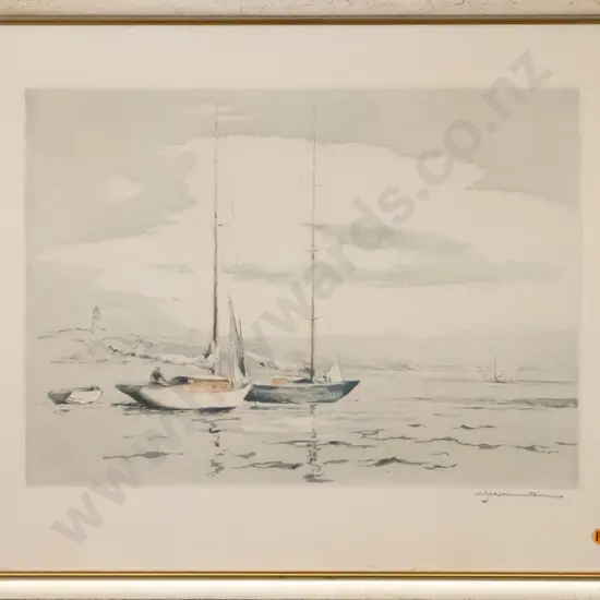 F Neumann - framed hand coloured etching "Sports Craft" H-330 W450