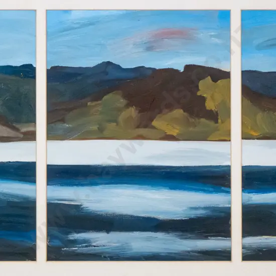 Janet de Wagt 1995 - framed oil "Blueskin Bay" H-290 W-660 (slight foxing to mat)