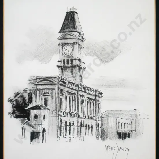 Watt Davies - framed ink and graphite - Oamaru Clock Tower H-190 W-180
