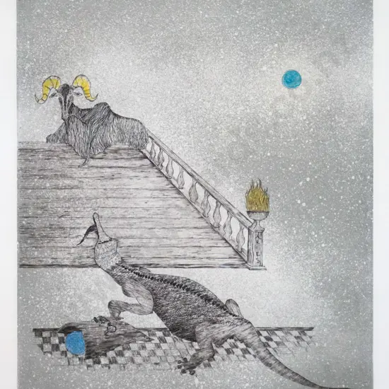 illegible signature - framed hand coloured etching 81/100 - untitled H-220 W-180