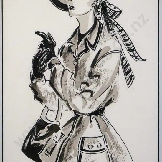 Lindsay Kennett - framed ink and watercolour - portrait H-320 W-180