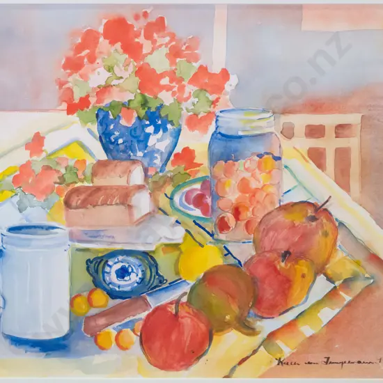 Kath von Tunzelmann '93 - framed watercolour - still life table scene H-360 W-380