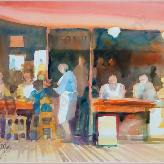 Clarke Esplin - framed watercolour "Cantina"  H-290  W-390