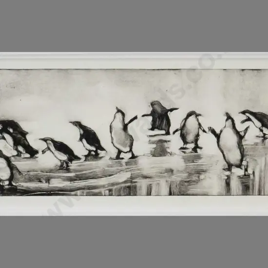 Pauline Bellamy - framed etching 19/20 - penguins H-125 W-31