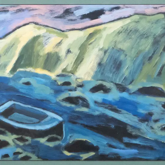 LM Craig 1995 - framed acrylic - boat on river H-260 W-430