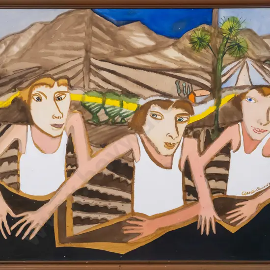 Annie Baird '76 - framed watercolour on board "Three Boys" H-540 W-750 (needs a clean, frame needs attention)