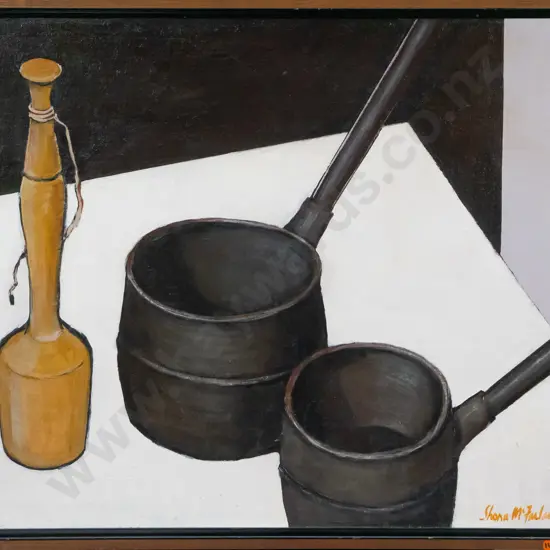 Shona McFarlane - framed oil on board "Iron Pots with Masher" H-500 W-600