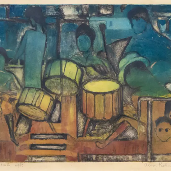 Alison Pickmere '69 - framed coloured etching 48/80 "Te Kao Hall" H-360 W-490 (slight foxing)