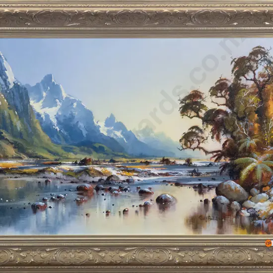 Neil Bartlett - framed oil "Winter Eglington Valley, Fiordland" H-390 W-600