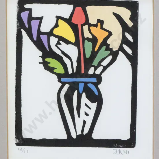 John Robinson '91- framed linocut 13/17 - flowers H-110 W-90