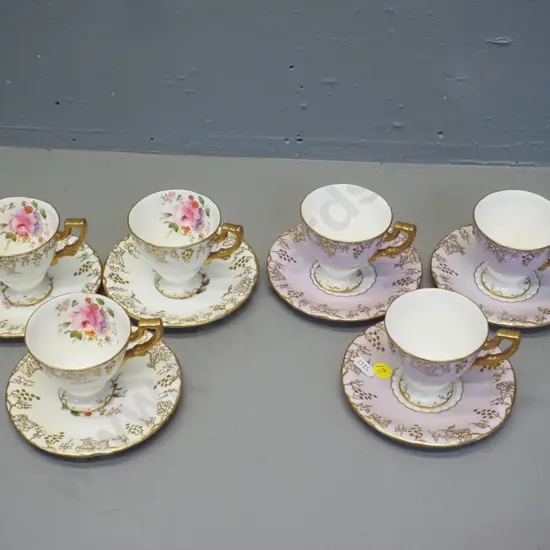 6 vintage Royal Crown Derby heavily gilded coffee cups & saucers - 3 each of 2 different styles