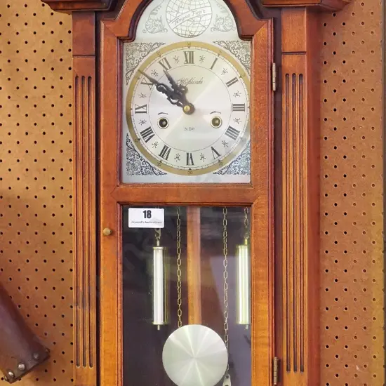 timber cased 31-day pendulum wall clock & key - face marked Highlands & Tempus Fugit, door catch missing H670 W400 D150