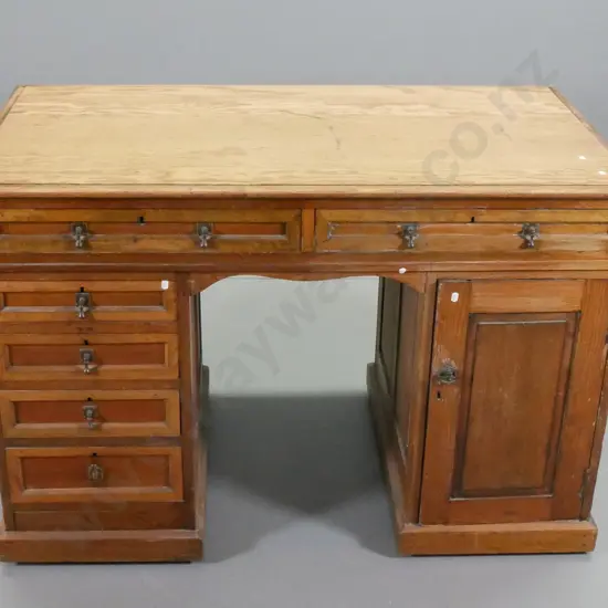 vintage cedar double pedestal desk w/ 6 drawers, 1 cupboard, escutcheons and keys, wax finish H810 W1210 D670