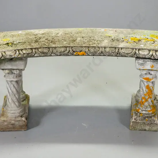 cast concrete curved garden bench on column base, repaired crack thru seat, age patina and moss H520 W1340 D400